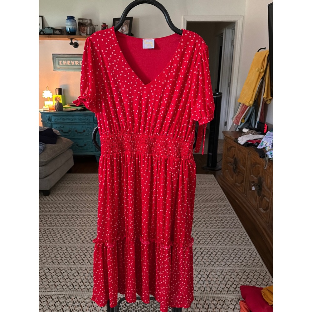 Sirenlily Red Floral Star Print V-Neck Smocked Waist Tiered Midi Dress Womens‎ M